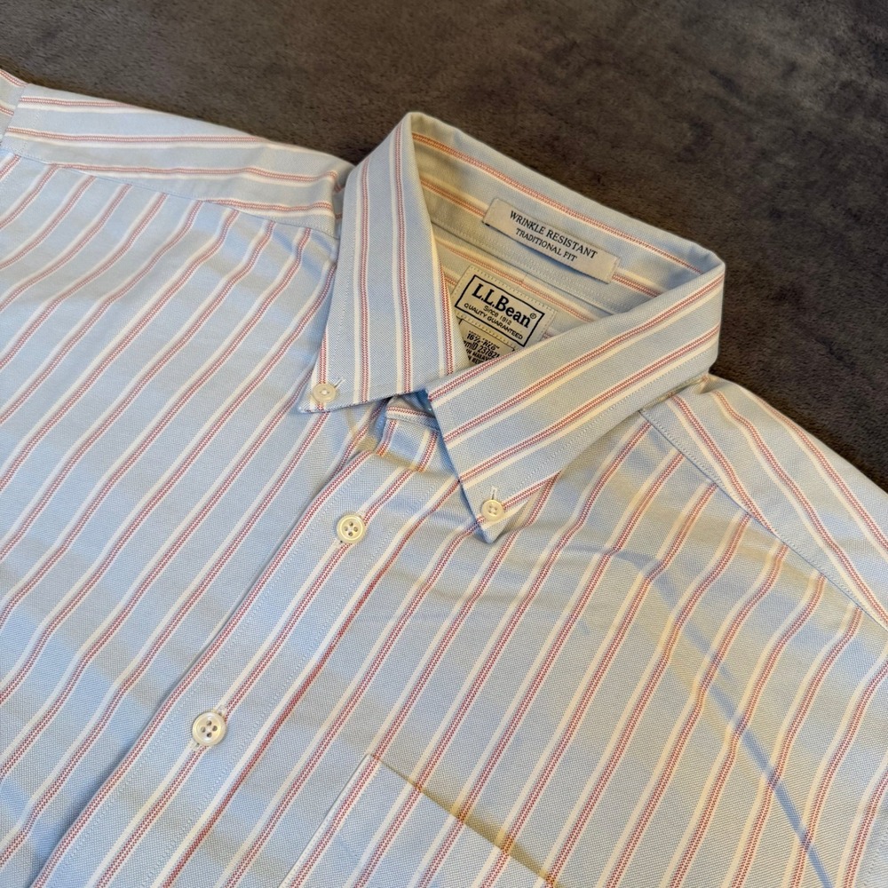 LL Bean Button Down Shirt Mens 16.5 Regular Blue Red‎ Striped Short Sleeve